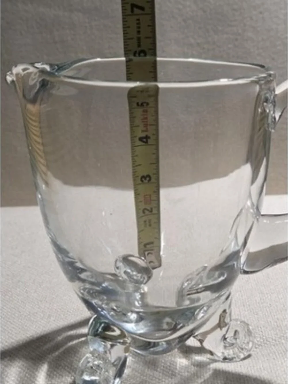 Clear Crystal Hand Blown Pitcher with Handle and Decorative Feet, 6 inches tall